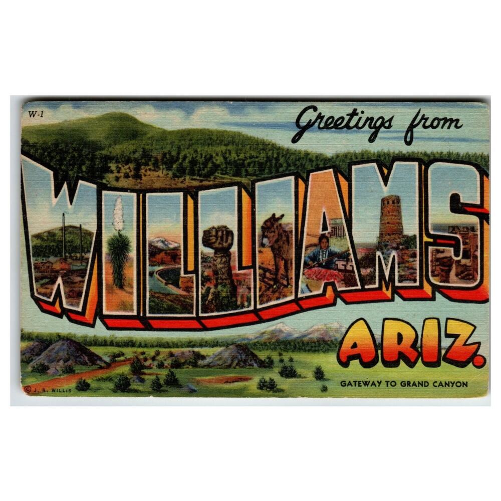 Greetings from Williams Arizona AZ Route 66 Linen Postcard Grand Canyon Gateway